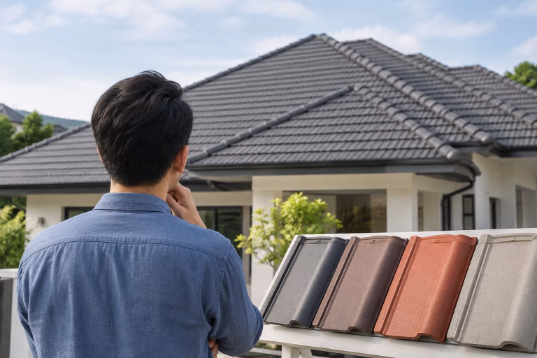 Homeowner comparing concrete roof tile options for a residential roofing project in Malaysia