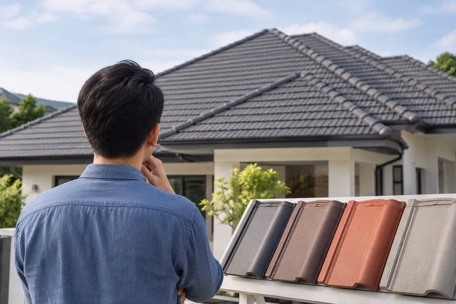 Homeowner comparing concrete roof tile options for a residential roofing project in Malaysia